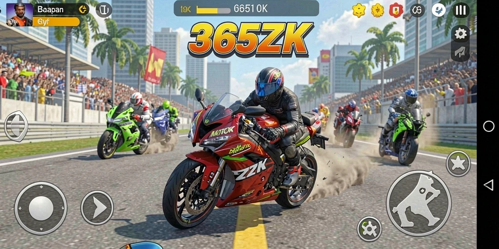 Tampilan gameplay balapan motor yang mendebarkan di 365ZK.