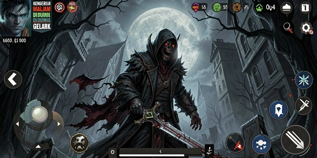 Screenshot gameplay 66D dengan suasana menyeramkan dan makhluk-makhluk menakutkan.