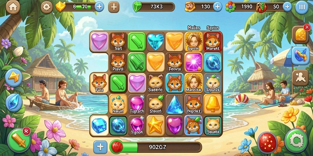 Screenshot gameplay 73K menunjukkan pencocokan permata yang seru.