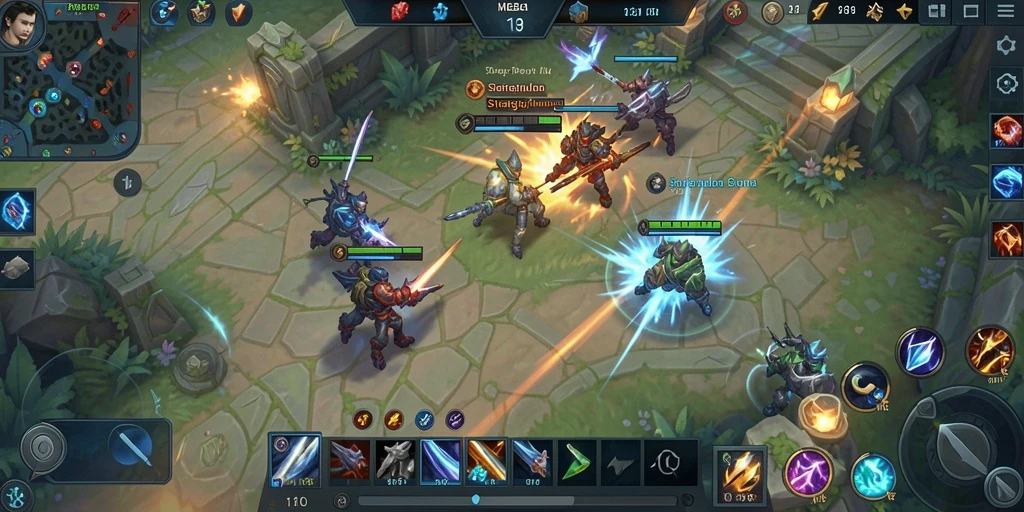 Tampilan epic pertempuran dalam gameplay MOBA yang intens.