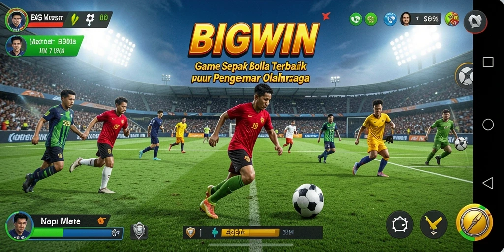 Screenshot utama BIGWIN menampilkan aksi dinamis dalam pertandingan sepak bola.