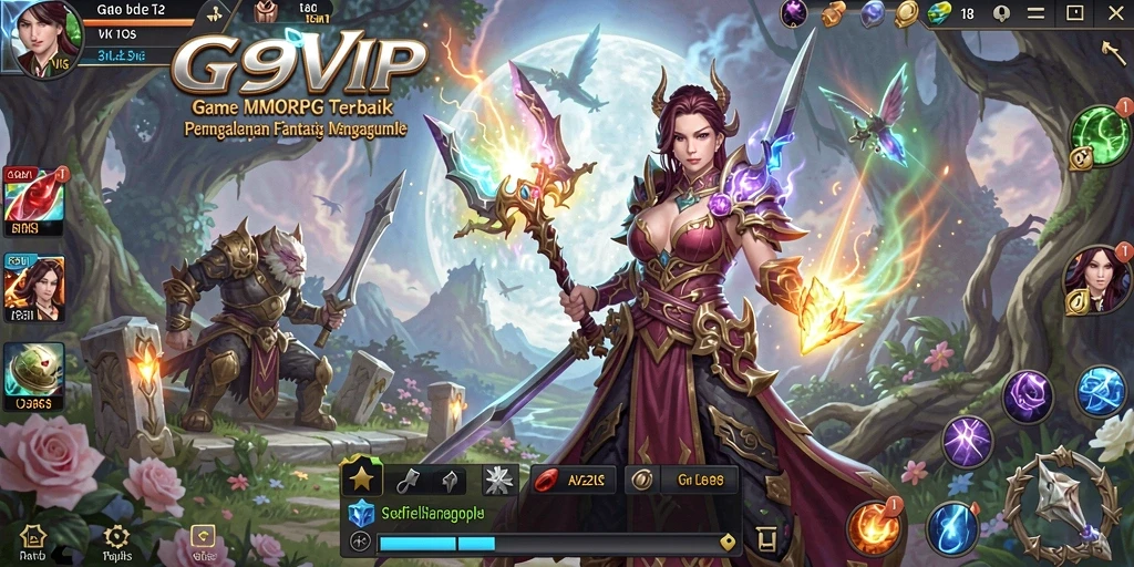 Screenshot G9VIP menampilkan karakter sedang berpetualang di dunia MMORPG yang menakjubkan.