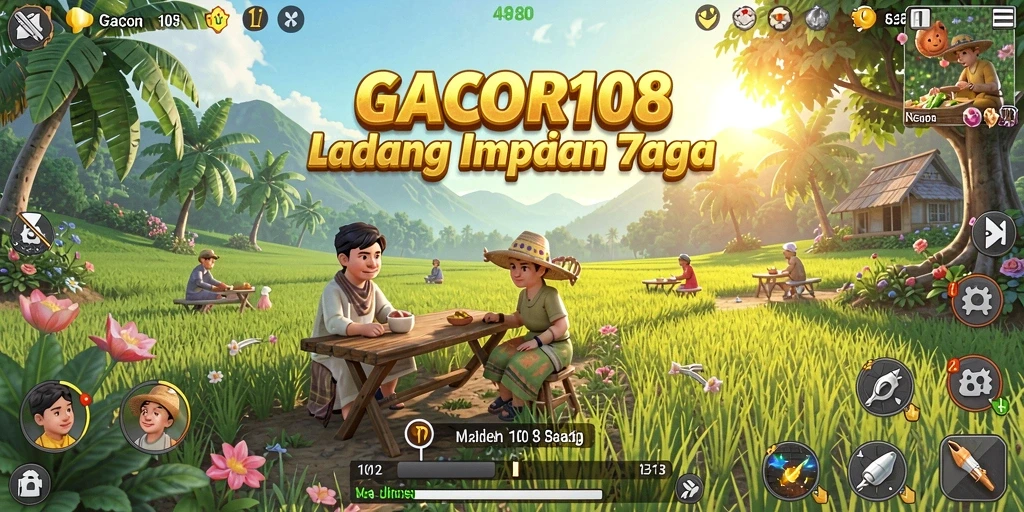 Tampilan gameplay GACOR108 dengan ladang yang subur dan tanaman hijau.