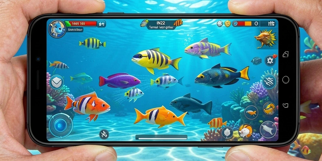 Tangkapan layar utama IN22 menampilkan aksi menembak ikan yang seru.