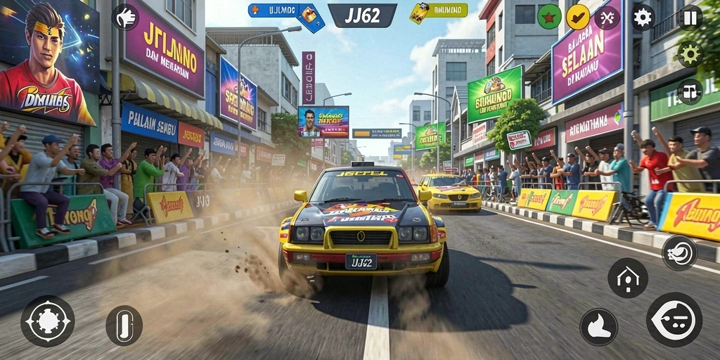 Tampilkan gameplay balapan seru di JJ62 dengan berbagai mobil.