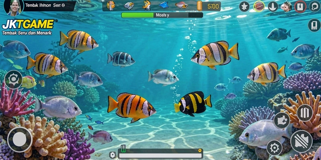 Screenshot utama JKTGAME menampilkan aksi seru menembak ikan di dunia bawah laut.