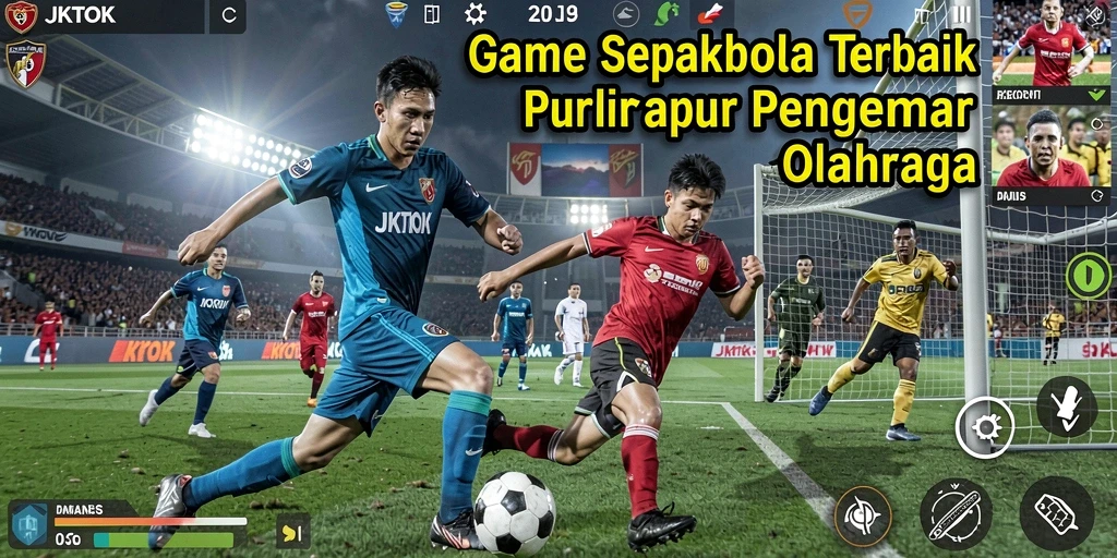 Tampilan gameplay JKTOK dengan pemain beraksi di lapangan sepakbola.