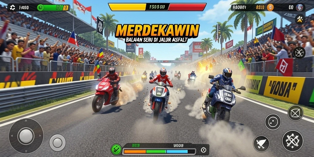 Screenshot utama <strong>MERDEKAWIN</strong> yang menunjukkan balapan mendebarkan di jalanan.