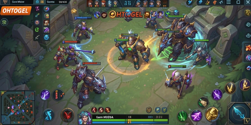 Screenshot utama OHTOGEL menampilkan aksi pertarungan MOBA yang seru.