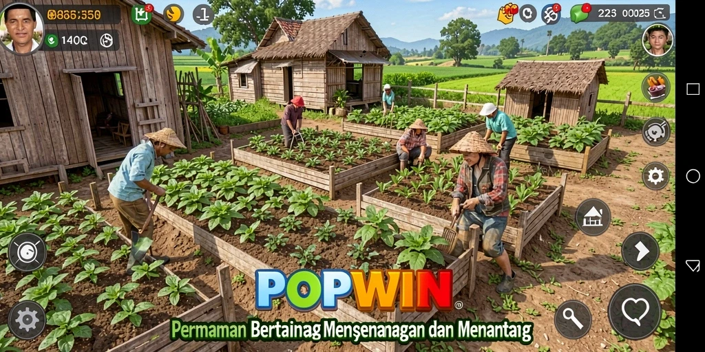 Tangkapan layar utama POPWIN menampilkan gameplay pertanian yang menarik dan interaktif.