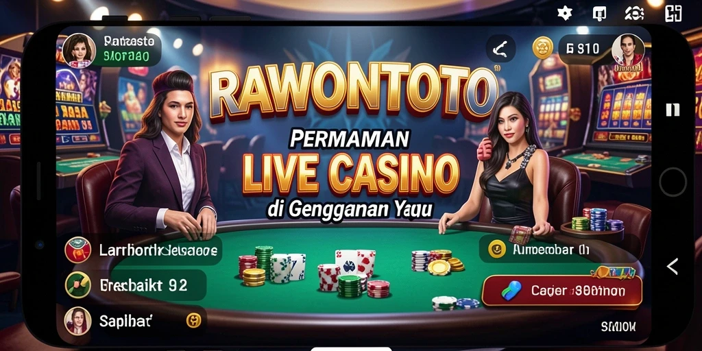 Screenshot gameplay RAWONTOTO menampilkan dealer profesional dan suasana casino yang menarik.