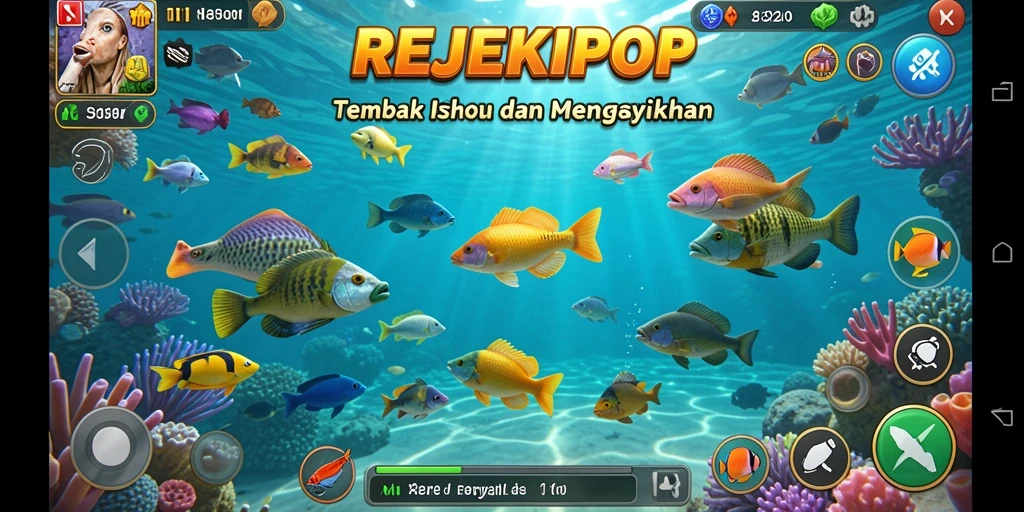 Screenshot gameplay REJEKIPOP menampilkan aksi menembak ikan yang mendebarkan.