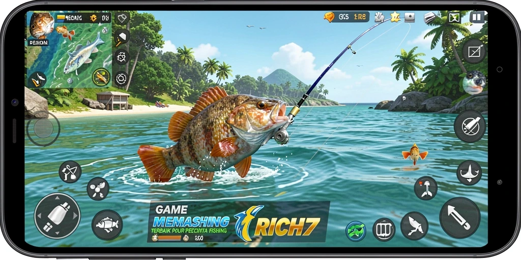Screenshot gameplay RICH7 yang menampilkan aksi memancing yang seru.