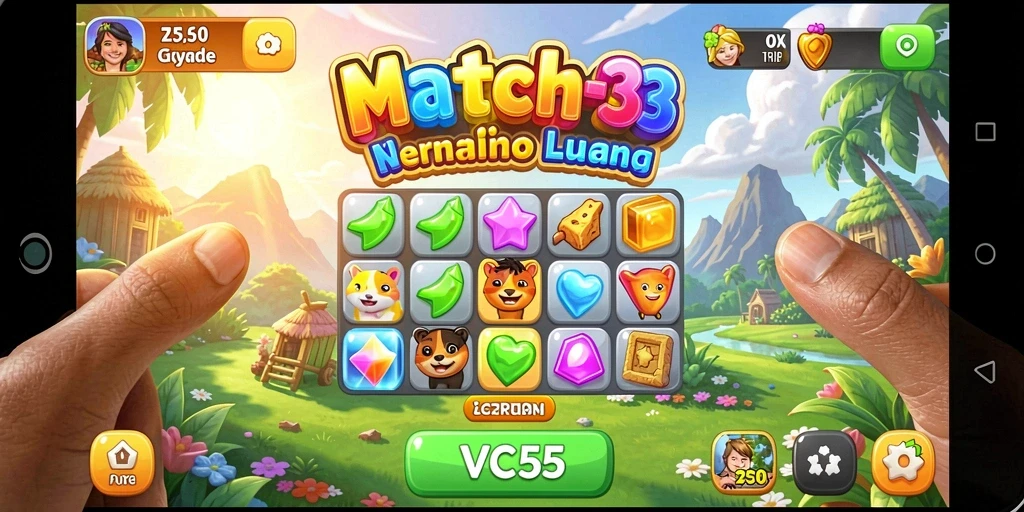 Gameplay seru VC55 dengan grafik menarik dan tantangan Match-3.